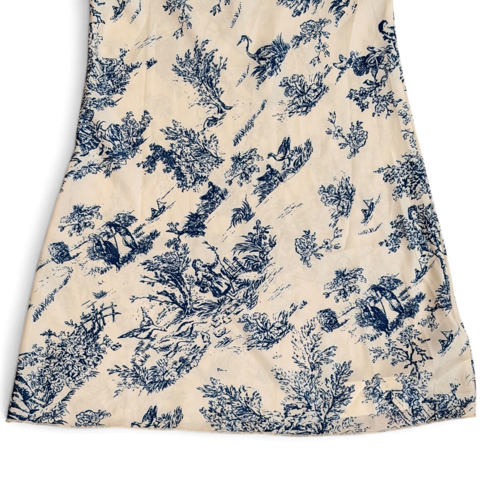 Cider Toile De Jouy Mini Dress Blue Cream Tie Strap Lace Trim Satin Womens Small - Picture 3 of 7